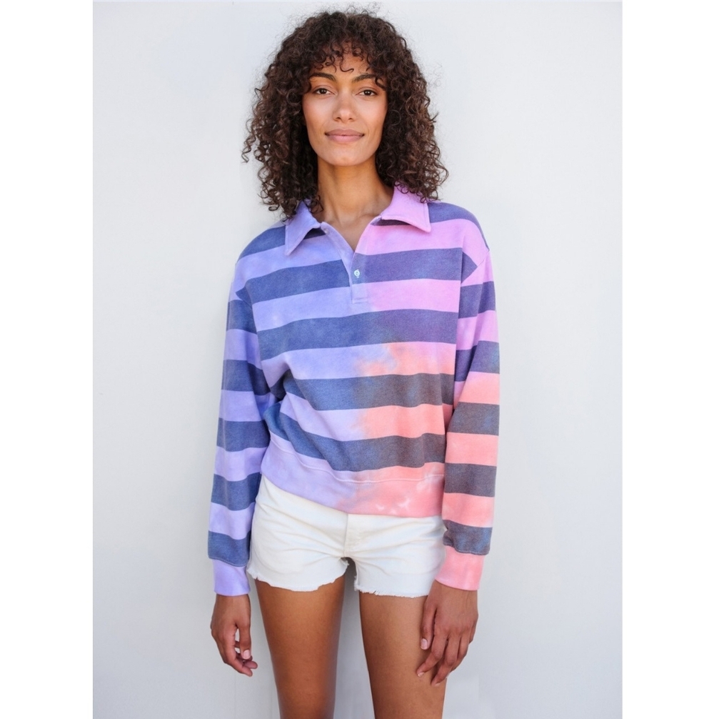 Sundry Johnny Collar Purple Multi Stripe Sweatshirt Women's Size Small
